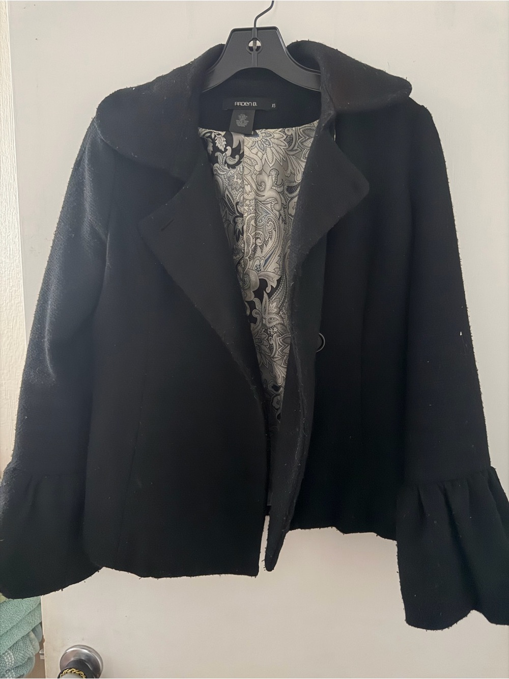 Arden B Black Peacoat with Ruffle Sleeve Detail